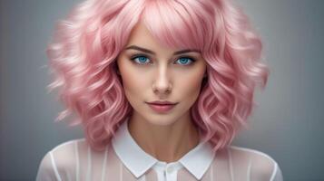 uma mulher com Rosa cabelo e azul olhos é em pé dentro frente do uma branco fundo foto