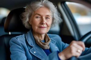 idosos mulher com branco cabelo drives carro foto