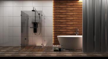 azulejos brancos e banheiro com parede de madeira e banheira redonda branca, em estilo zen. Renderização 3d foto