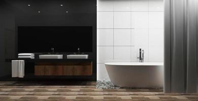 azulejo branco e interior de banheiro de parede cinza brilhante com banheira branca, sujeira. Renderização 3d foto