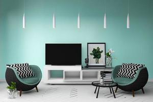 maquete de smart tv com sala com sofá e mesa de suporte de decoração de lâmpada. Renderização 3d foto