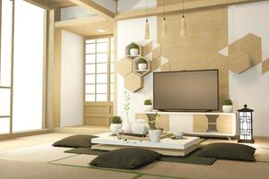 gabinete de tv em quarto vazio tropical japonês - estilo zen, designs mínimos. Renderização 3d foto