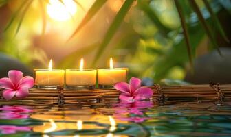 três queimando Cosmético velas em uma bambu ficar em pé, frangipani flores e tropical folhas refletido dentro a água, bokeh, relaxamento spa fundo foto
