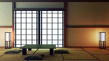 design de interiores japonês, sala de estar moderna com mesa e decoração. Renderização 3d foto