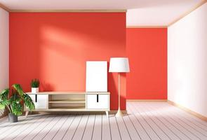 gabinete de tv no quarto vermelho moderno, designs minimalistas, estilo zen. Renderização 3d