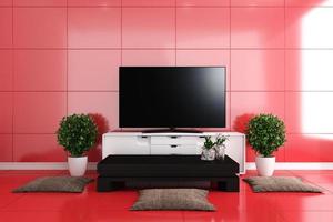 tv na sala de estar moderna, design de azulejos vermelhos colorido. Renderização 3d foto