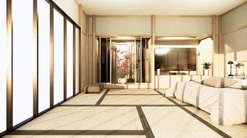 quarto zen pacífico moderno. quarto de estilo japão com parede de prateleira design luz oculta e decoração estilo nihon. foto