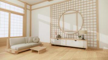 tv no armário de madeira na sala vazia moderna e parede branca em estilo tropical de quarto de piso branco. Renderização 3d foto