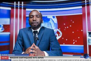 locutor de rádio revelar tremor de terra notícia dentro Japão, falando sobre catastrófico natural desastre dentro redação. africano americano jornalista apresentando global eventos e mundo problemas viver em televisão. foto