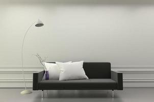 interior moderno da sala de estar - sofá preto e almofadas e abajur brancas - estilo elegante do quarto branco. Renderização 3d foto