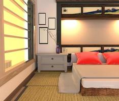 interior do quarto japonês, design do quarto da cama. Renderização 3d foto