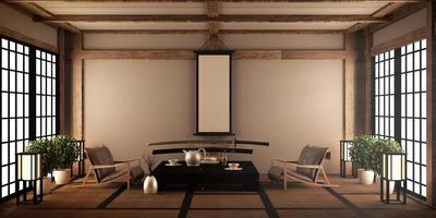 big roominterior design na moderna sala de estar com mesa baixa preta, abajur, vaso e decoração em estilo japonês. Renderização 3d foto