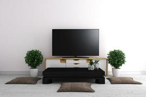 tv em designs mínimos de interiores de quarto vazio branco moderno - estilo japonês. Renderização 3d foto