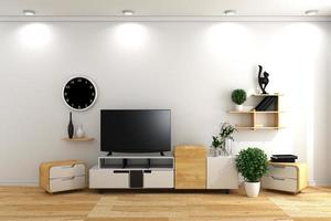 smart tv em designs mínimos de interiores de quarto vazio branco moderno - estilo japonês. Renderização 3d foto