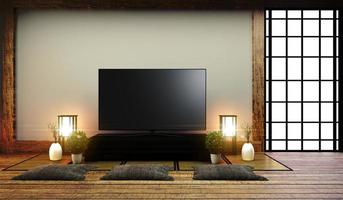 tv japan - smart tv na mesa no quarto estilo japonês com lâmpada e árvore bonsai. Renderização 3d foto