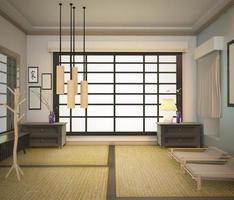 interior do quarto japonês, design da sala de estar. Renderização 3d foto