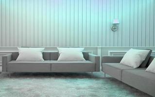 design interior do quarto - estilo elegante com carpete e lâmpada azul claro. Renderização 3d foto