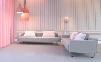 interior da sala de estar - estilo elegante da europa rosa quarto tem sofá duplo e travesseiros. Renderização 3d foto
