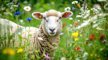 fechar-se do uma ovelha pastar dentro uma exuberante verde Prado com flores silvestres dentro florescer. conceito do natureza, agricultura, pastoral cenário, rural vida, Fazenda animal foto
