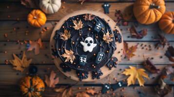 dia das Bruxas bolo com fantasma e outono folha decorações em uma de madeira mesa. conceito do dia das Bruxas celebração, festivo sobremesas, assustador decorações, sazonal Projeto foto