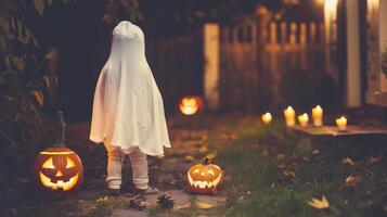 jovem criança dentro uma fantasma traje cercado de aceso abóboras e velas. conceito do dia das Bruxas, infância, assustador festividades, feriado decoração foto