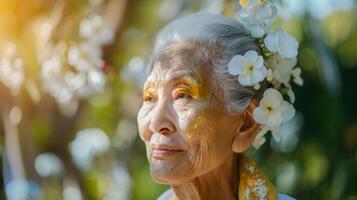 idosos ásia mulher com branco flores dentro cabelo dentro ao ar livre luz solar. conceito do serenidade, cultural beleza, envelhecimento graciosamente, natureza. Senior noiva. cópia de espaço foto