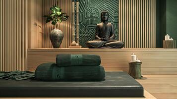 moderno tailandês spa interior com minimalista Buda decoração e sereno verde sotaques. calma spa contexto. conceito do atenção plena, meditação, massagem sala, relaxamento, bem-estar, minimalista Projeto foto