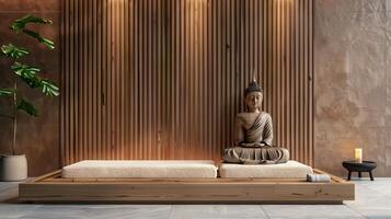 sereno tailandês spa ambiente com minimalista Buda estátua. moderno interior Projeto para relaxamento. conceito do meditação, massagem sala, relaxamento, bem-estar, minimalista Projeto foto