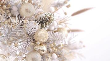 decorado Natal árvore com branco e ouro enfeites. isolado em uma branco fundo com espaço para texto. feriado, Natal, decoração, elegante Projeto conceito foto