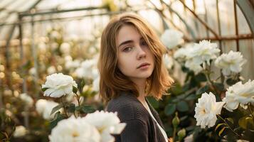 caucasiano mulher com curto cabelo dentro uma estufa cercado de branco rosas. fêmea jardinagem, natureza beleza, horticultura conceito foto