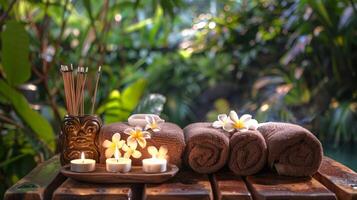 spa configuração com velas e toalhas dentro uma tropical jardim. relaxante spa arranjo com natural elementos. conceito do relaxamento, bem-estar, spa tratamento, e tropical ambiente. cópia de espaço foto