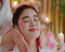 relaxado fêmea obtendo uma facial massagem cercado de velas. ásia mulher dentro uma tailandês spa ambiente. conceito do relaxamento, mimos, e luxo cuidados com a pele tratamentos. foto