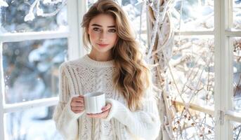 jovem mulher com grandes Loiras cabelo segurando uma branco caneca, em pé de uma janela dentro uma acolhedor inverno contexto. fêmea desfrutando quente bebida. conceito do conforto, cordialidade, inverno temporada, estilo de vida, Natal foto