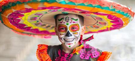 Garoto dentro dia do a morto crânio Maquiagem vestindo uma ampla sombrero com colorida padrões. mexicano criança com festivo face pintar. conceito do cultural celebração, tradição, dia das Bruxas foto