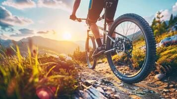 montanha motociclista em uma trilha durante pôr do sol. conceito do ao ar livre aventura, ciclismo esporte, natureza exploração, ginástica foto