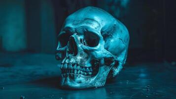 humano crânio em uma Sombrio azul fundo. anatômico estudar. conceito do anatomia, humano biologia, forense Ciência, médico Educação, dia das Bruxas foto