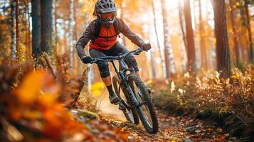 entusiasmado fêmea montanha motociclista equitação através uma floresta trilha vestindo segurança engrenagem. conceito do ao ar livre aventura, extremo Esportes, natureza exploração, fisica ginástica foto