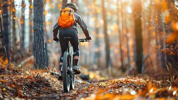 montanha motociclista equitação através a outono floresta com a laranja mochila. ciclista navegação uma arborizado trilha cercado de outono folhagem. aventura, ao ar livre atividade, natureza exploração, ciclismo conceito foto