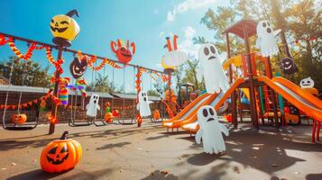 com tema de halloween Parque infantil decorado com abóboras e fantasma figura. conceito do festivo decorações, crianças jogar área, assustador temporada, outono celebração foto