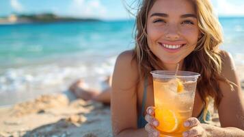 mulher em uma de praia bebericando a laranja bebida, desfrutando a Sol. refrescante verão coquetel dentro mão do uma de praia Visitante. conceito do lazer Atividades, de praia relaxamento, verão vibrações, e refrescante foto