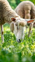 fechar-se do ovelha pastar em uma exuberante verde Prado. conceito do animal agricultura, agricultura, gado, natureza foto
