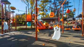 com tema de halloween Parque infantil decorado com abóboras e fantasma figura. conceito do festivo decorações, crianças jogar área, assustador temporada, outono celebração foto