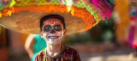 Garoto dentro dia do a morto crânio Maquiagem vestindo uma ampla sombrero com colorida padrões. mexicano criança com festivo face pintar. conceito do cultural celebração, tradição, dia das Bruxas foto