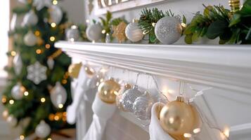 Natal festão e enfeites em uma branco lareira lareira. festivo decorações com uma Natal árvore dentro a fundo. conceito do feriado decoração, festivo interior, Novo ano decorações, acolhedor casa foto