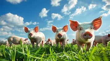 fofa leitões dentro uma verde gramíneo campo debaixo uma azul céu com branco nuvens. conceito do gado, Fazenda animais, agricultura, rural vida, fofa porcos foto