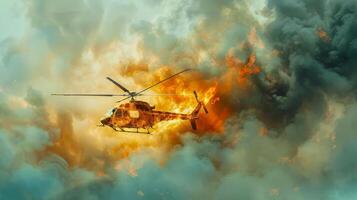 helicóptero dentro esfumaçado céu durante dramático resgate missão. transportado pelo ar helicóptero dentro uma nuvem do fumaça. conceito do emergência resposta, aéreo resgatar, e aviação foto