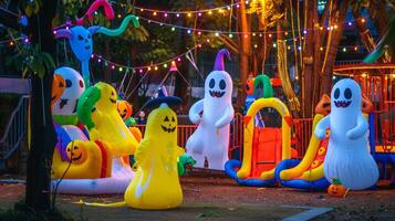 crianças Parque infantil com uma brincalhão dia das Bruxas configurar. inflável fantasmas e abóboras com colorida luzes. dia das Bruxas decorações, Parque infantil diversão, feriado celebração, assustador tema conceito foto