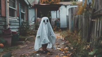 dia das Bruxas traje do uma criança vestido Como uma fantasma em pé dentro a ao ar livre quintal. conceito do crianças moda, dia das Bruxas, assustador trajes, festivo celebrações foto