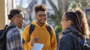 grupo do africano americano alunos discutindo ao ar livre em campus. jovem adultos acionado dentro conversação. conceito do aluna vida, Educação ambiente, e colegial discussões. foto