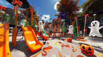 com tema de halloween Parque infantil decorado com abóboras e fantasma figura. conceito do festivo decorações, crianças jogar área, assustador temporada, outono celebração foto